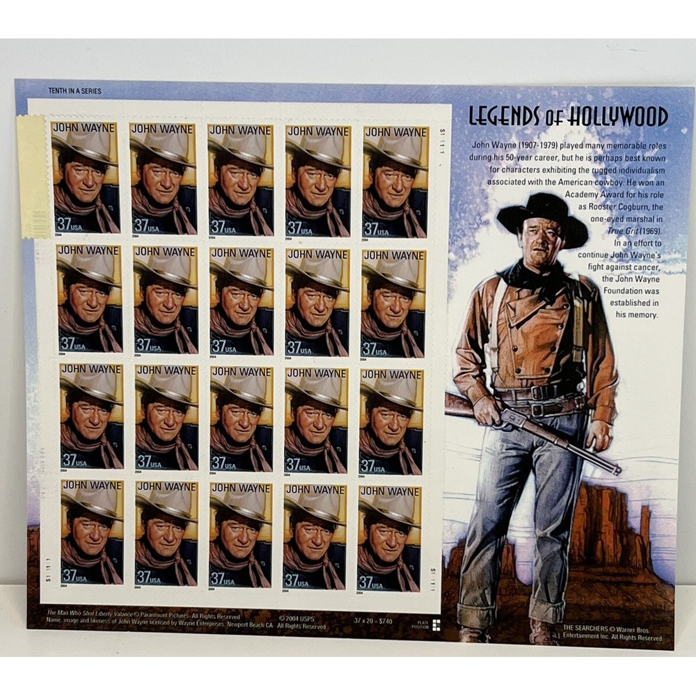 John Wayne 2004 USPS Legends of Hollywood 37 Cent Stamp Sheet of 20 The Duke